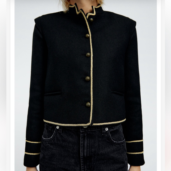 SOLD🥤 Zara Woman Textured Cropped Wool Blend Jacket Black Gold Buttons S NWT - Picture 5 of 16